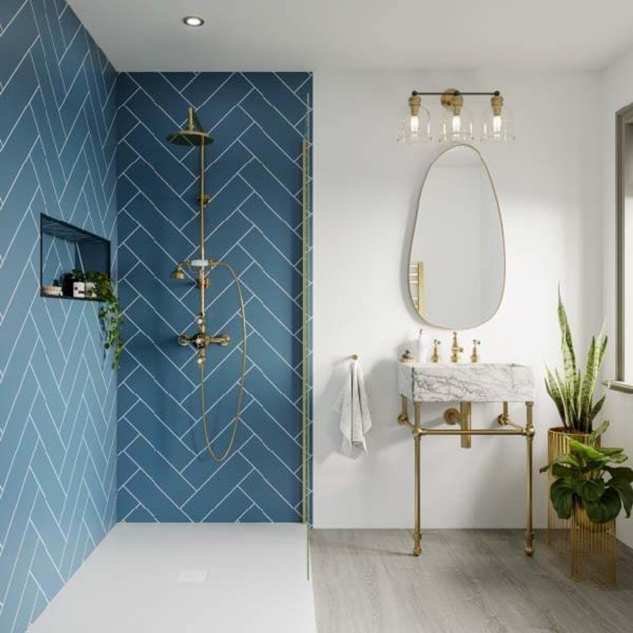 Misty Blue Herringbone Tile Multipanel Panel | Wet Wall Works