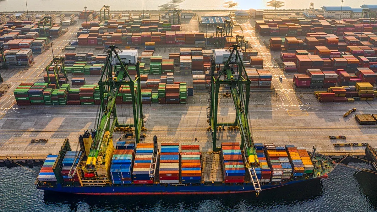 Industrial shipping containers representing secure supply chain management