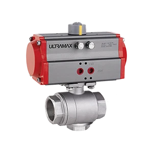 Stainless ball valve fitted with a pneumatic rotary actuator