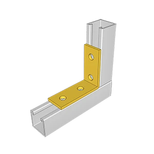 Yellow angle bracket fixing on an aluminium mounting rail