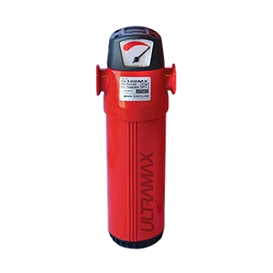 Red compressed air filter housing with differential pressure indicator