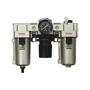 Three stage filter, regulator and lubricator assembly with pressure gauge