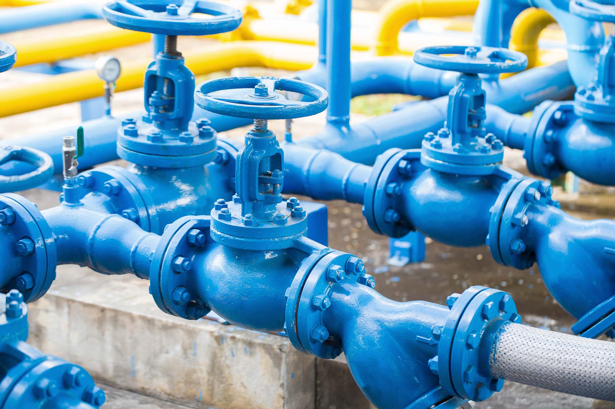Industrial pipeline network with blue gate valves used in fluid and gas distribution systems.