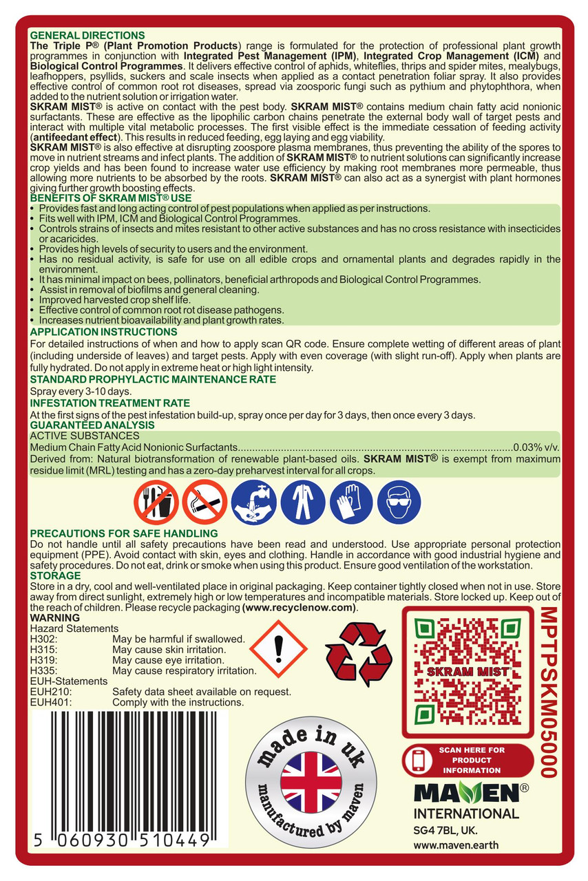 MAVEN SKRAM MIST Antifeedant Pest Controller 1 litre bottle back label