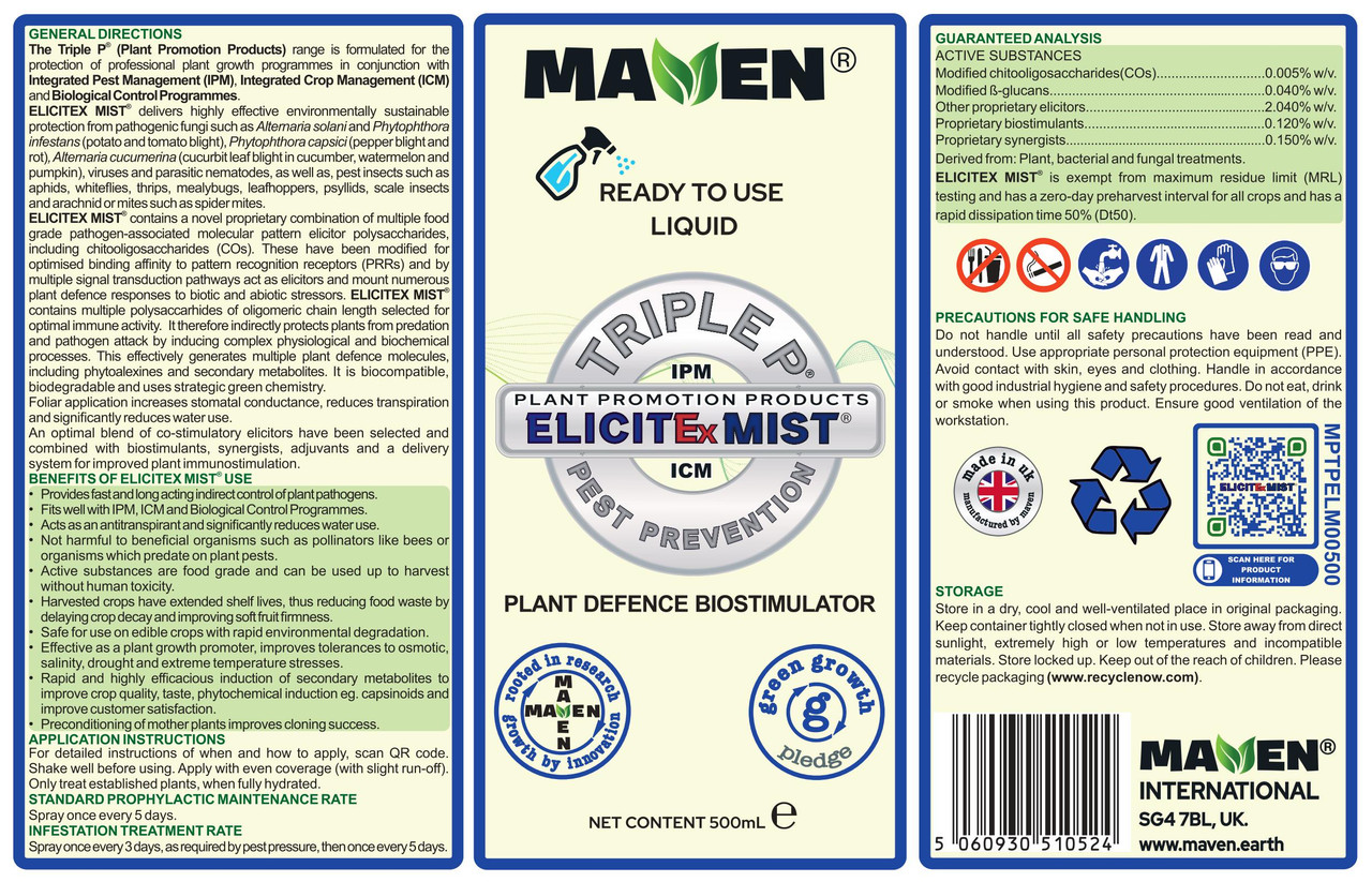 MAVEN ELICITEX MIST Plant Immune Defence Biostimulator 500ml Spray Bottle Label