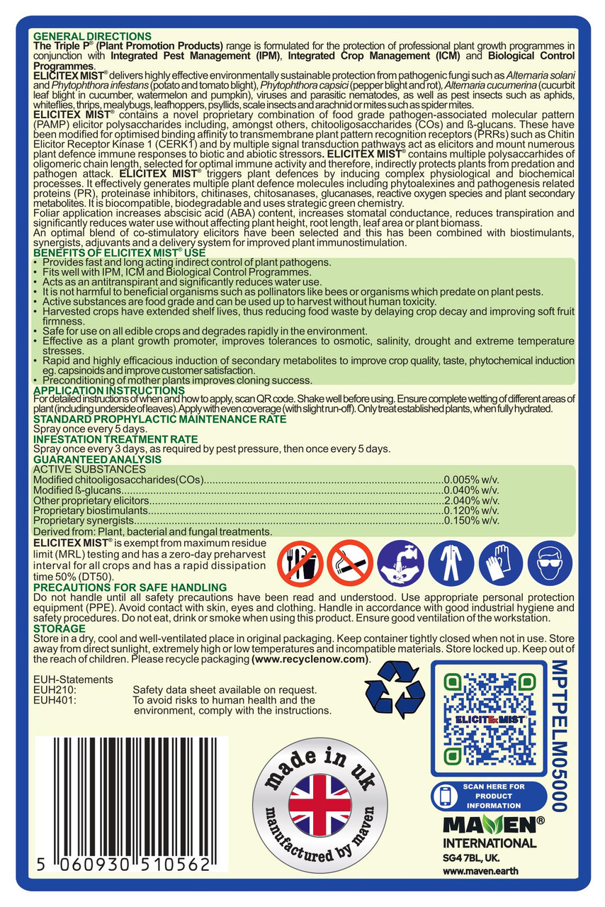 MAVEN ELICITEX MIST Plant Immune Defence Biostimulator 5 litre Refill Bottle Back Label