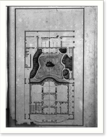 Houses and a church (Buildings Erected or Proposed to be Built in Virginia"). Garden plan with outbuildings", Antique Poster