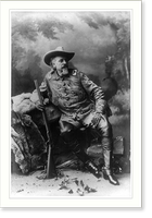 Buffalo Bill Cody, full-length portrait, seated on rocks, facing right, holding rifle with right hand, left hand resting on knee, Antique Poster