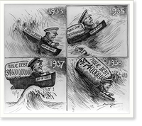 F.D.R. in ship of state filled with an increasing public debt riding the waves of 1933, 1935, 1937, and 1938, Historic Print