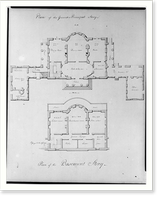 Houses and a church (Buildings Erected or Proposed to be Built in Virginia"). Basement and principle story floor plan", Antique Poster