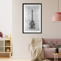 Historic Framed Print, Architectural drawing for a 600 foot columnar monument with military figure. Monument, rendered elevation,  17-7/8" x 21-7/8"