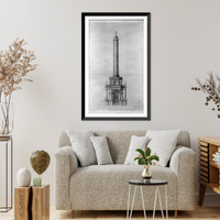 Historic Framed Print, Architectural drawing for a 600 foot columnar monument with military figure. Monument, rendered elevation,  17-7/8" x 21-7/8"