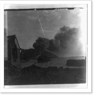 Russian warships in harbor; in background smoke from a fire near Golden Hill started by Japanese bombardment, Port Arthur, Vintage Print