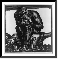 A forlorn-looking man sitting on a plow to which he is shakled, Vintage Poster