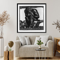 A forlorn-looking man sitting on a plow to which he is shakled, Vintage Poster