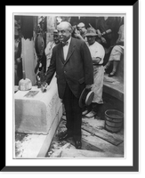 Nicholas Murray Butler, 1862-1947, full-length portrait, standing alongside cornerstone to be layed at the Italian House of Columbia University, facing left, Historic Reproduction