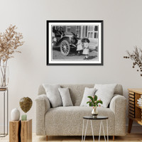Historic Framed Print, [Small twin girls in front of 1911 Buick roadster],  17-7/8" x 21-7/8"