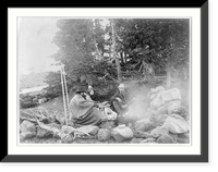 Woman and 2 men sitting around campfire in woods Classic, Vintage Poster