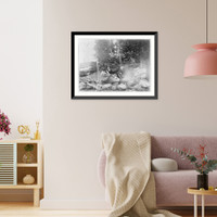 Woman and 2 men sitting around campfire in woods Classic, Vintage Poster