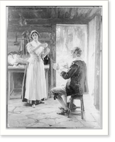 John Alden, full-length portrait, seated, holding yarn for Priscilla Classic, Vintage Wall Art