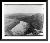 River bend at cliff with railroad tracks and hay stacks, Lexington, Va, Antique Print
