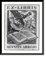 Historic Framed Print, [Bookplate Ex-libris Agustin Arrojo",  showing Don Quixote tilting against windmill]",  17-7/8" x 21-7/8"