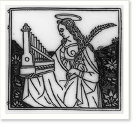 Angel holding small pipe organ in one hand and quill in the other, Antique Poster