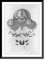 5 balloons carrying 2 men with French flags, one of whom is Eugene Godard, Antique Poster