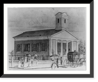 Colonial American church; coach and several persons with parasols outside, Vintage Wall Art