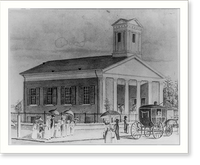 Colonial American church; coach and several persons with parasols outside, Vintage Wall Art