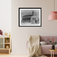 Colonial American church; coach and several persons with parasols outside, Vintage Wall Art