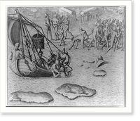 Johannes Staden tries to swim to a French boat in order to escape, but the French do not accept him because they fear the anger of the Indians, Antique Print