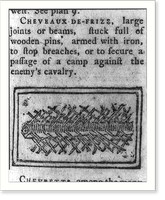 Cheveaux de-frize, large joints or beams, stuck full of wooden pins, armed with iron, to stop breaches, or to secure a passage of a camp against the enemy's cavalry, Vintage Print