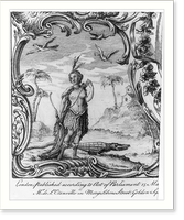 America, 1771 - title page ornamentation showing Native wearing skirt made of feathers in tropical scene with alligator and palm trees, Vintage Print