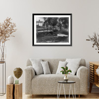 Historic Framed Print, [Rural scenes of children fishing: Whittier's barefoot boy" fishing off wooden bridge]",  17-7/8" x 21-7/8"