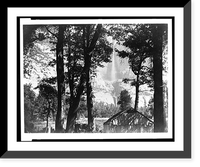 Historic Framed Print, [Trees and cabin with Yosemite Falls in background, Yosemite National Park, Calif.],  17-7/8" x 21-7/8"