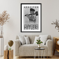 Historic Framed Print, [Ger. - Nuremberg - Reichsparteitag, 1933; half-tone of photo: Heroic poster of worker],  17-7/8" x 21-7/8"