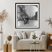 Historic Framed Print, Cardinal Gibbons home [left foreground] and Washington Monument on North Charles Street, Baltimore, Md.,  17-7/8" x 21-7/8"