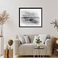 New York - Oyster Bay, Long Island Yacht Club: looking past pier to sailing yachts at anchor, Antique Wall Art