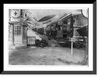 2 stills form motion picutre, The Impossible Voyage, c1904 by George Melies: railroad train with attached airship passing hospital, Antique Wall Art