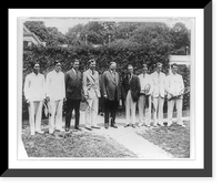 Herbert Hoover, 1874-1964, full, standing, with group of 8 male tennis players in White House garden, Vintage Poster
