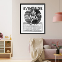 Advertisement for Evinrude Rowboat Motor, showing attractive girl sitting in boat Classic, Vintage Print