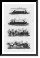 4 figures showing methods of transporting barrels: a. & b. - by use of small boats; c. - in horse-drawn wagon; d. - rigged behind horses, in a way that it will roll, Historic Reproduction