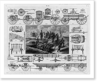 Artillery wagons, caissons, travelling forges. ca. 1850; various illus. surrounding scene of horse-drawn field gun and caisson being moved into position, Historic Reproduction