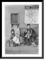 Girl holding doll and boy with dog in waiting room at railroad station.The Strobridge Litho Co., Cincinnati, O. U.S.A, Vintage Poster