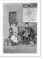 Girl holding doll and boy with dog in waiting room at railroad station.The Strobridge Litho Co., Cincinnati, O. U.S.A, Vintage Poster