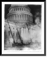 View of the U.S. Capitol during the fire which destroyed the studio of Artist Chas. Moberly & considerably damaged the House Document Room - fire engines with ladders going up the side of the Capit