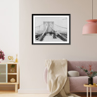 View looking across the Brooklyn Bridge, N.Y.C. with people walking in both directions, Historic Print