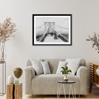View looking across the Brooklyn Bridge, N.Y.C. with people walking in both directions, Historic Print