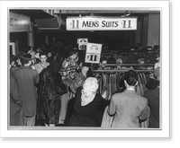 Historic Framed Print, A huge crowd jamming a Boston department store early March 28, 1949, when men's suits and top coats went on sale for eleven dollars each,  17-7/8" x 21-7/8"